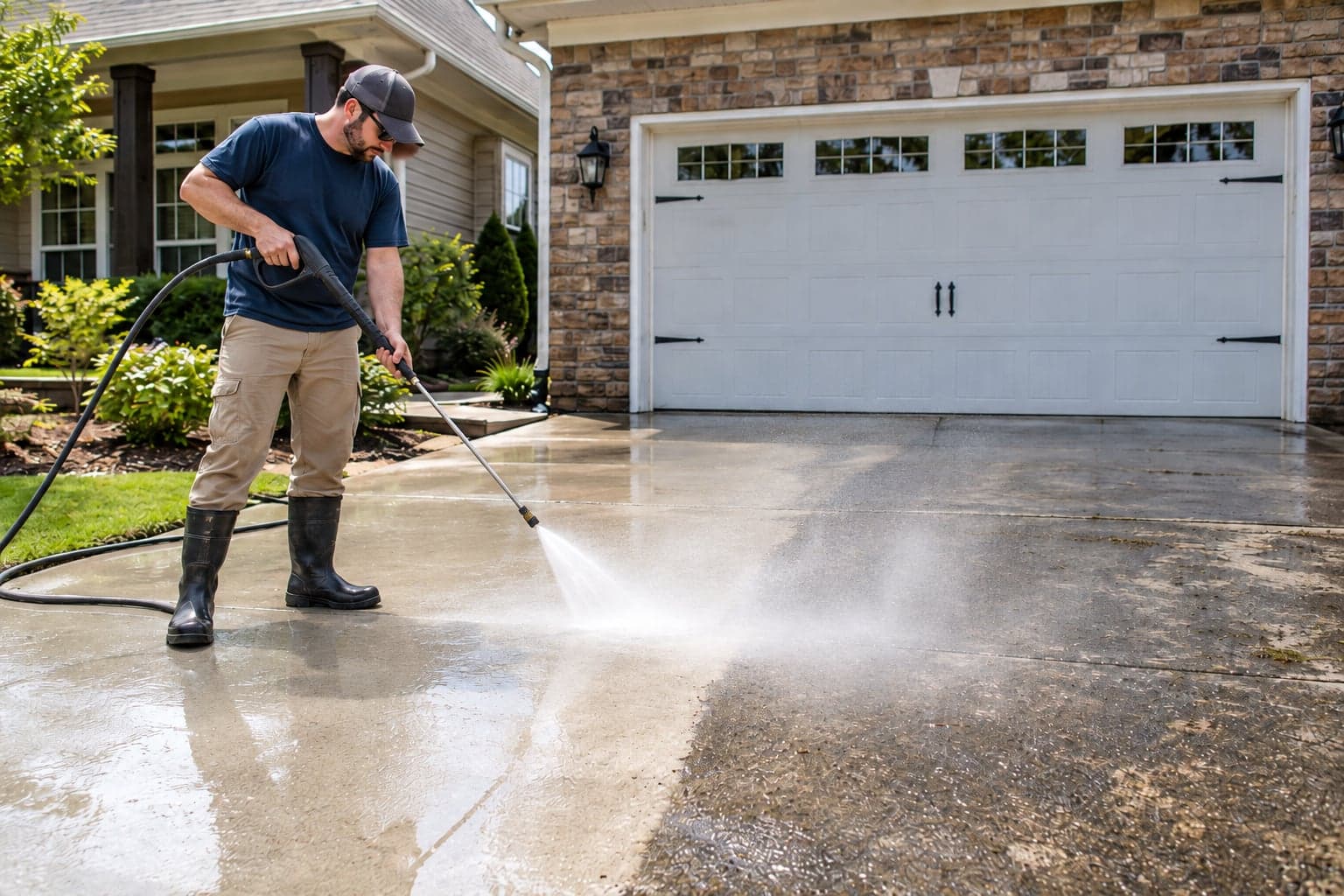 A FreshView Services technician pressure washing a concrete driveway, a bright clean stripe cut through the stained surface behind the spray