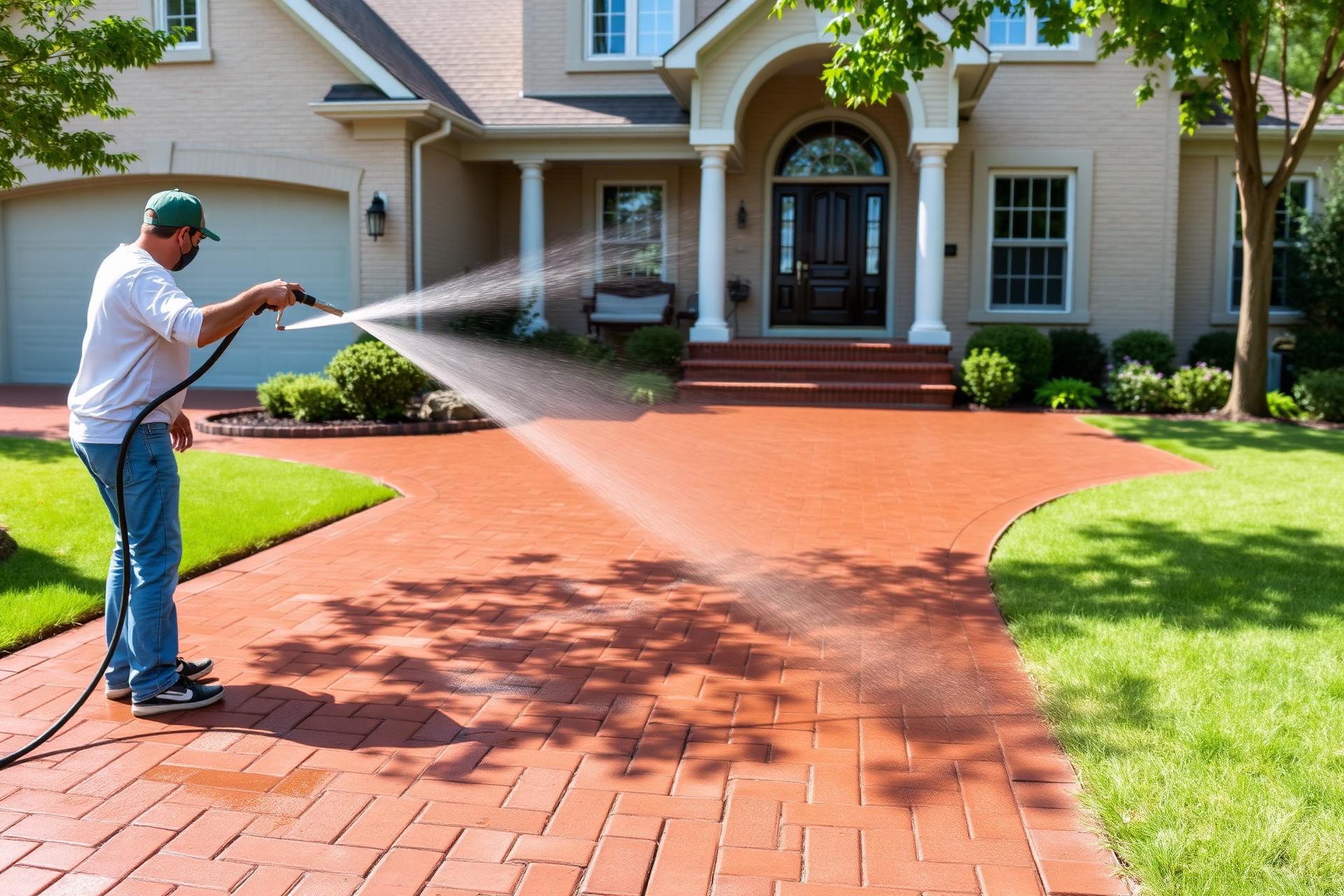 Pressure washing a brick paver driveway